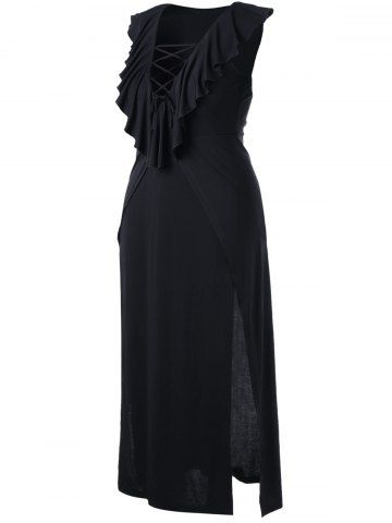 Plus Size Flounce Lace Up Maxi High Slit Dress