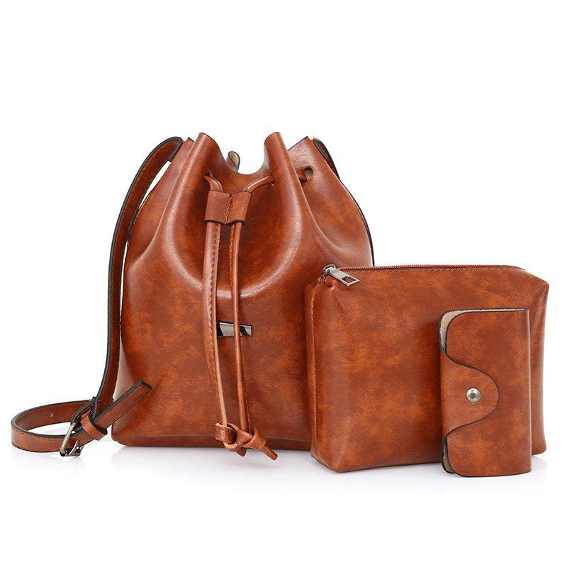 

3 Pieces PU Leather Bucket Bag Set, Brown