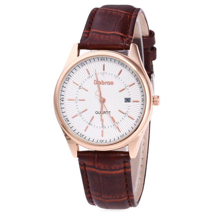 

Faux Leather Strap Date Rhinestone Quartz Watch, Brown