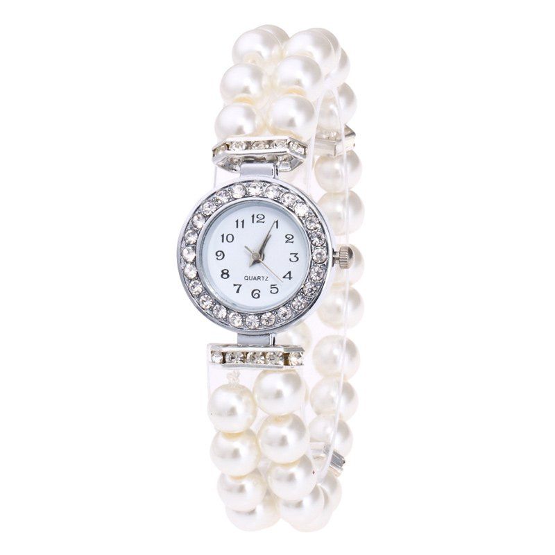 

Rhinestone Number Faux Pearl Bracelet Watch, White