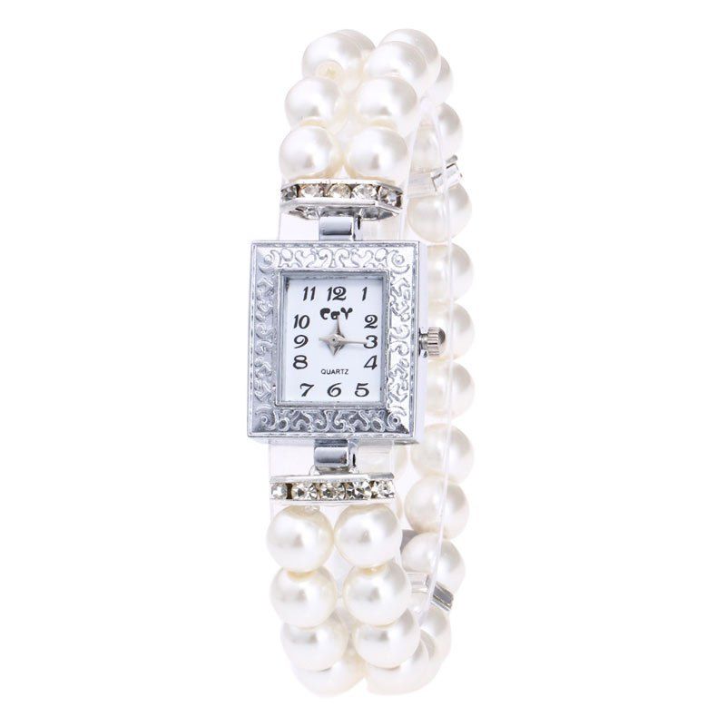 

Rectangle Number Faux Pearl Bracelet Watch, White