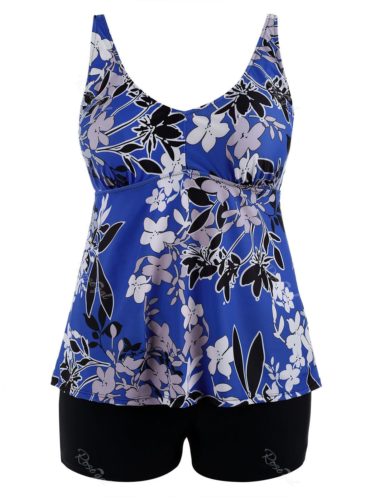 

Padded High Waisted Floral Plus Size Tankini Set, Blue