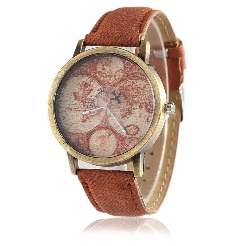

World Map Airplane Faux Leather Strap Watch, Brown