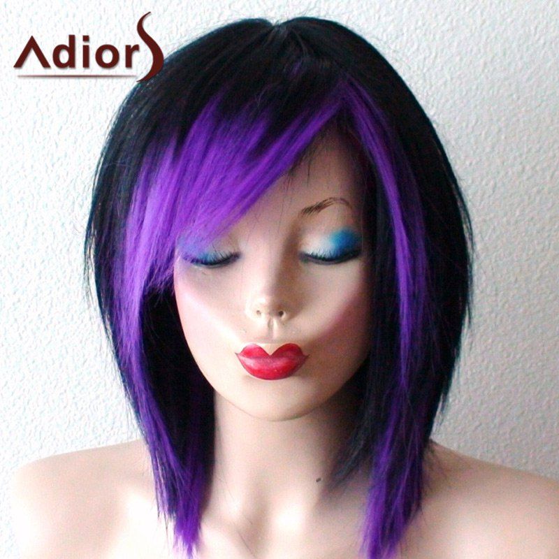 

Short Side Bang Straight Bob Ombre Synthetic Wig, Black and purple