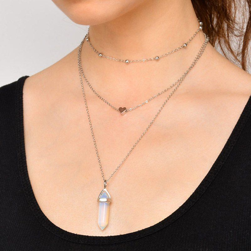 

Natural Stone Collarbone Heart Necklace Set, Silver