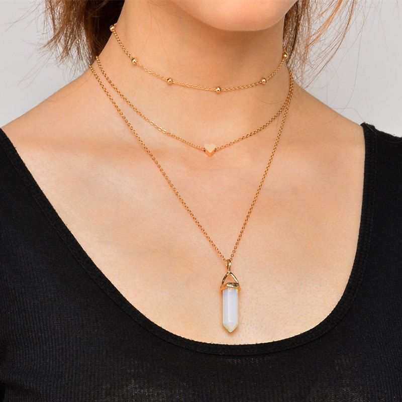 

Natural Stone Collarbone Heart Necklace Set, Golden