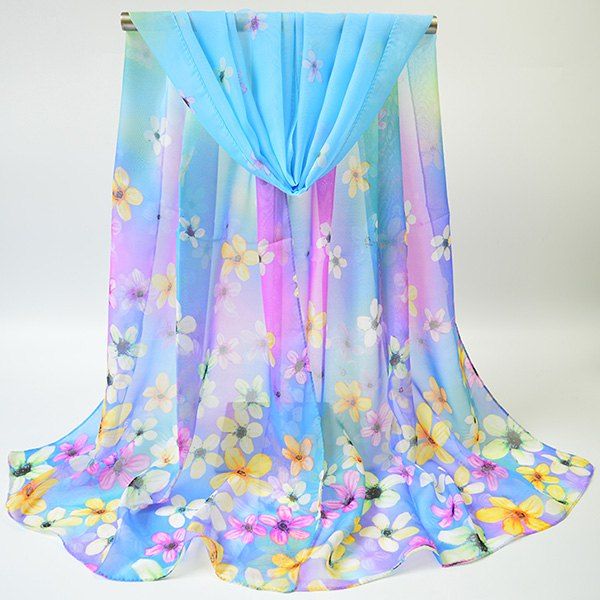 

Chiffon Tiny Flowers Printing Gossamer Scarf, Blue