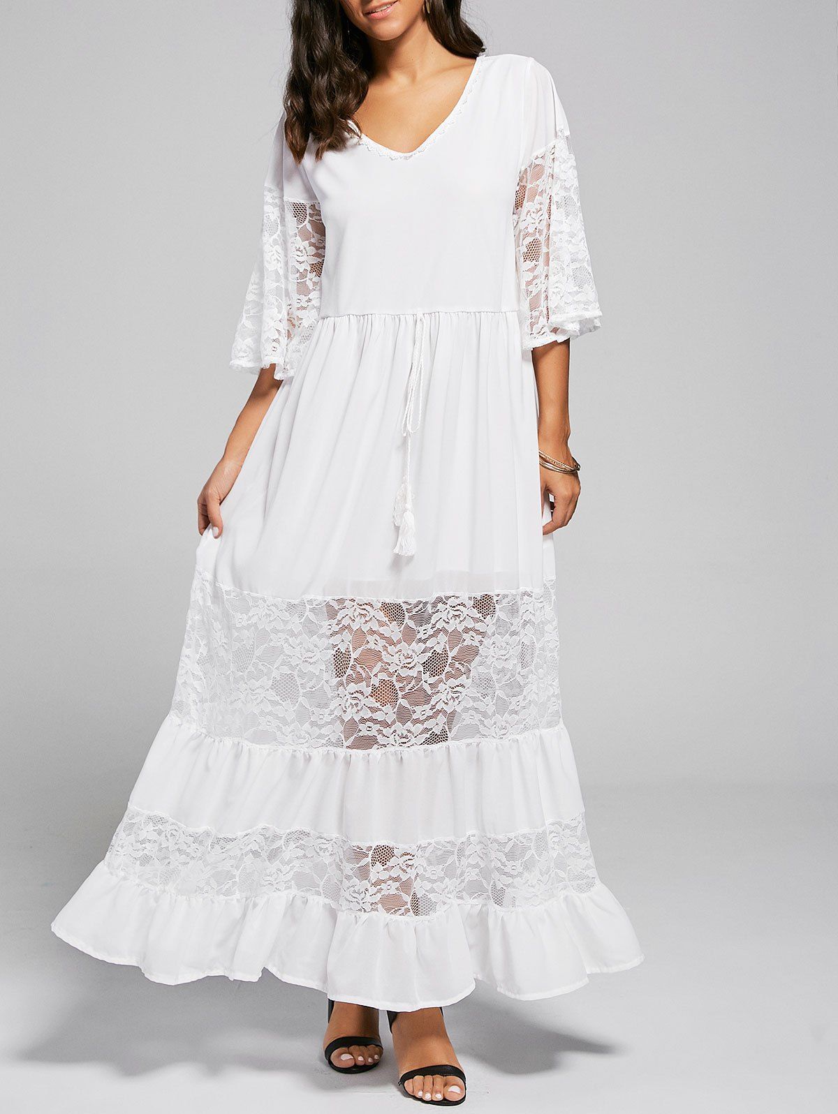 2018 A Line Lace Trim Maxi Party Dress In White S | Rosegal.com