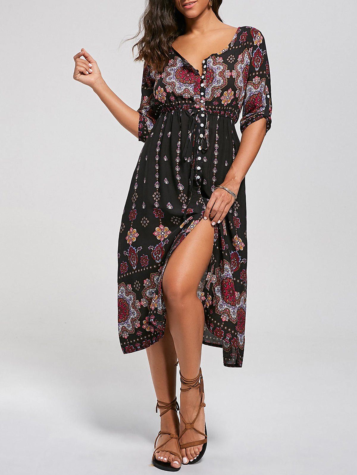 

Tribal Print Button Down Split Bohemian Dress, Colormix