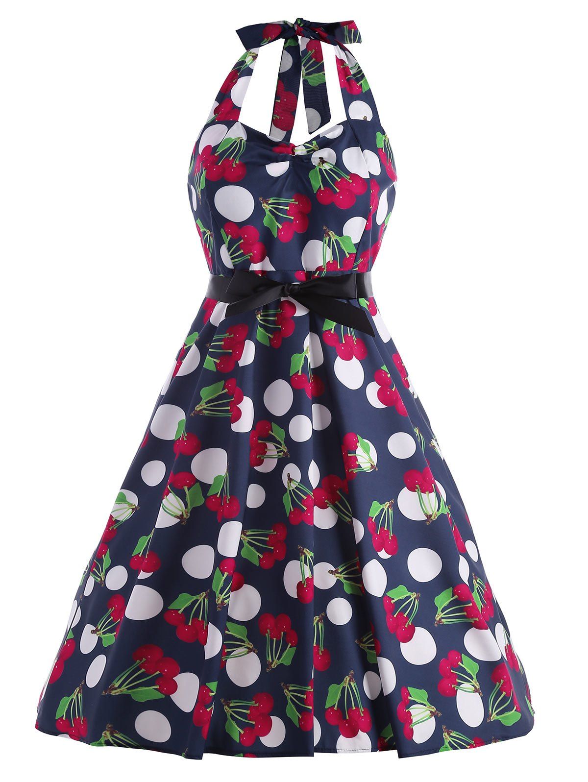 [52 OFF] Vintage Cherry Print Halter Dress Rosegal
