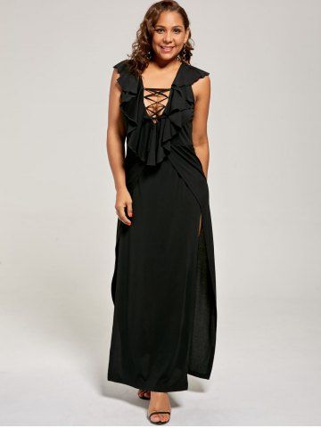 Plus Size Flounce Lace Up Maxi High Slit Dress