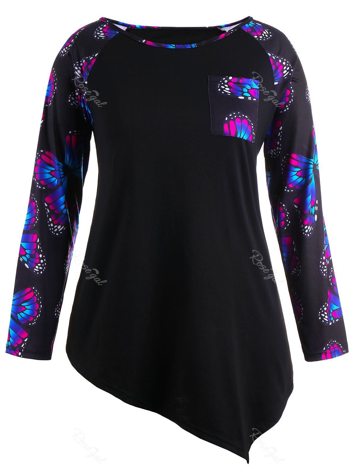

Butterfly Raglan Sleeve Plus Size Asymmetrical T-Shirt, Black