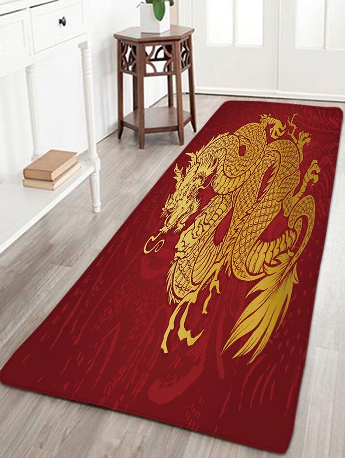 

Flannel Skidproof Dragon Print Bath Mat, Red