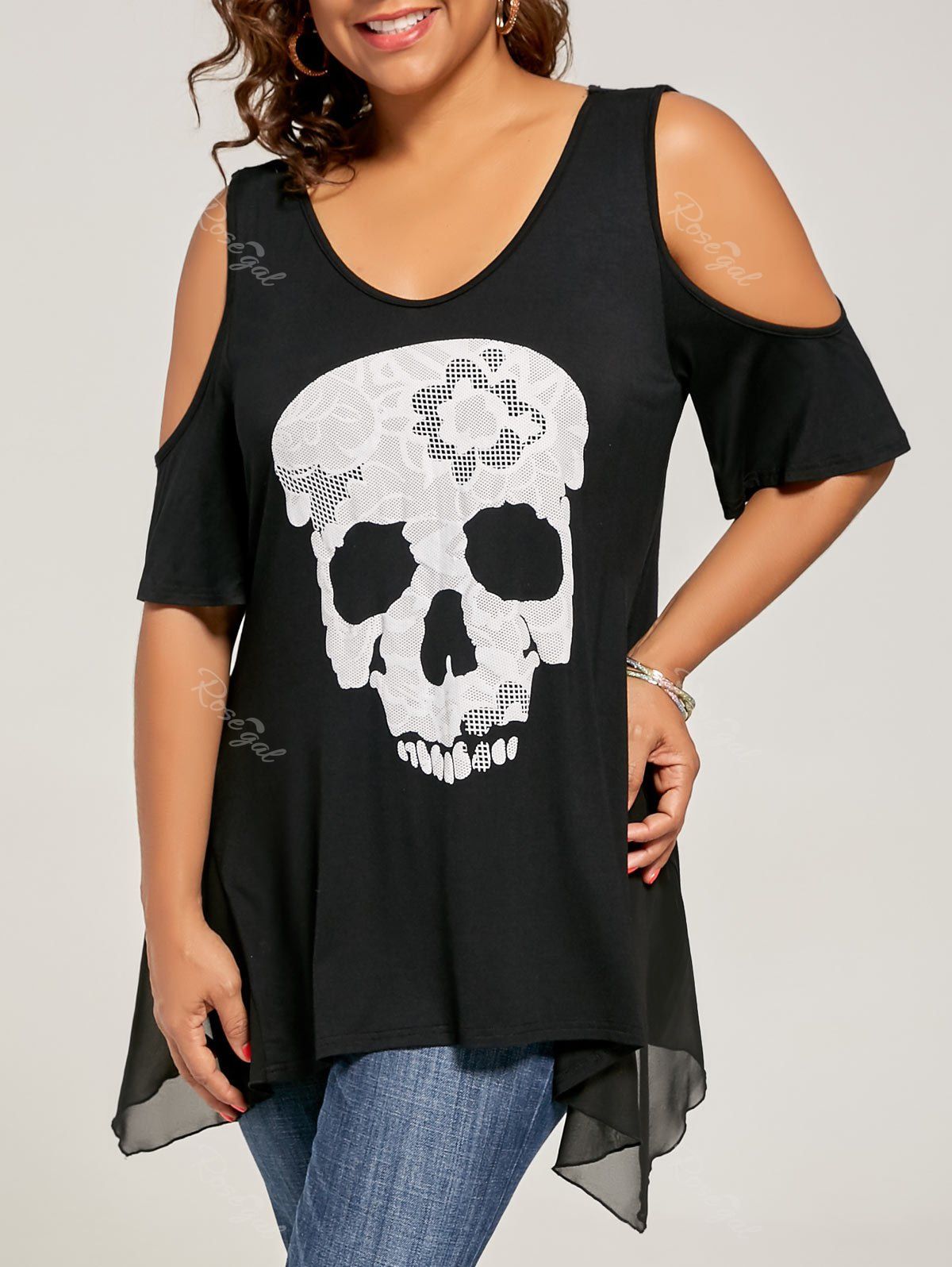

Skull Cold Shoulder Plus Size Top, Black