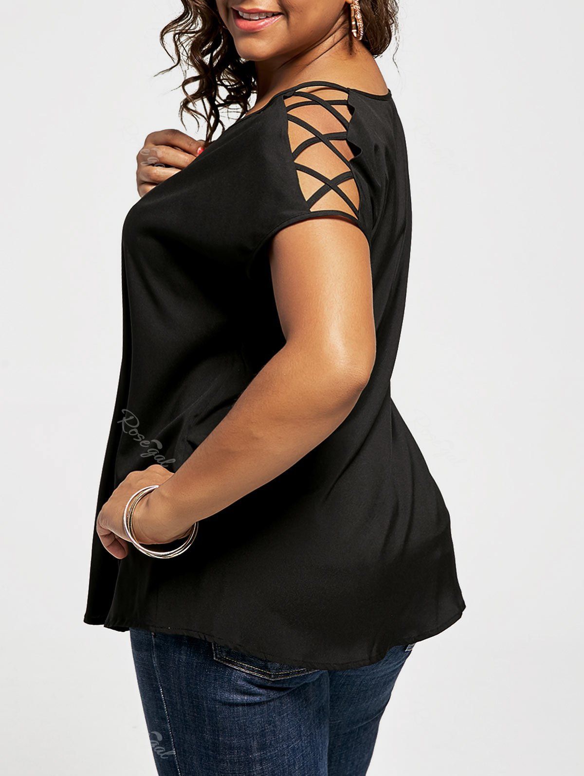 

Plus Size V Neck Lace Up Sleeve Blouse, Black