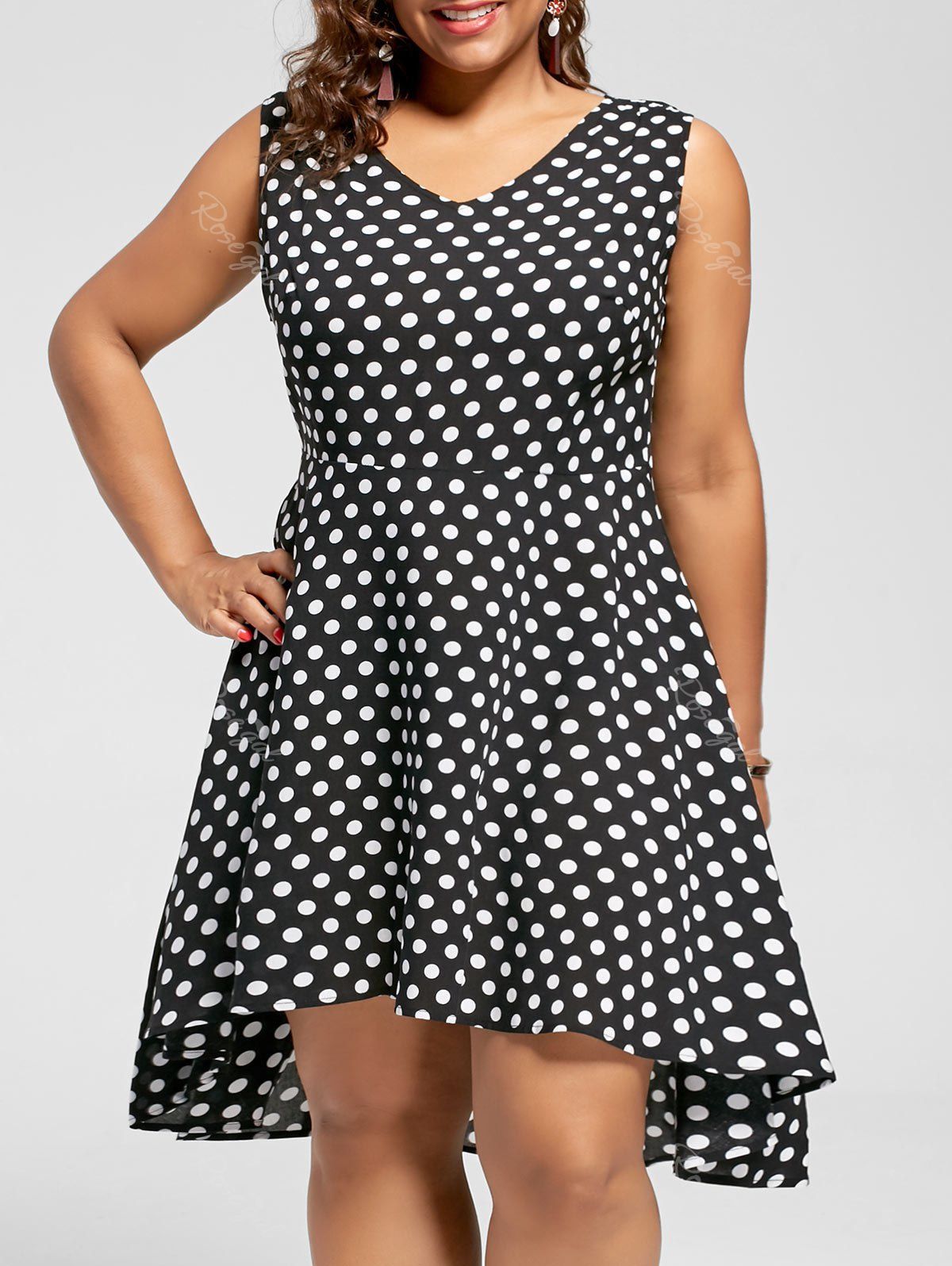 

Sleeveless Polka Dot Plus Size High Low Hem Dress, Black