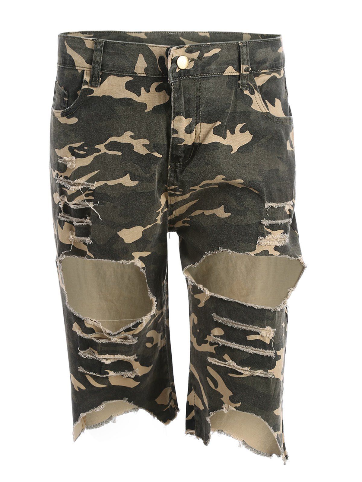 [43 OFF] Camo Distressed Knee Length Shorts Rosegal