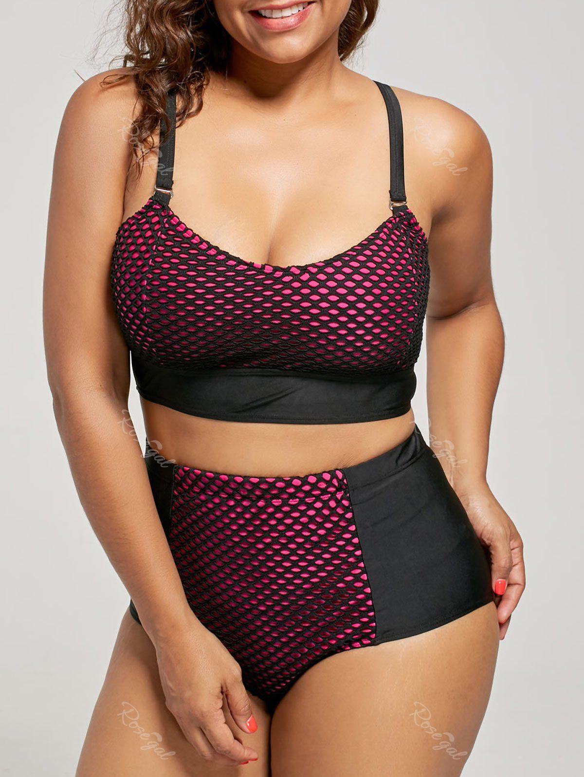 

Wireless Fishnet Mesh Plus Size High Waist Bikini, Rose red 2314#