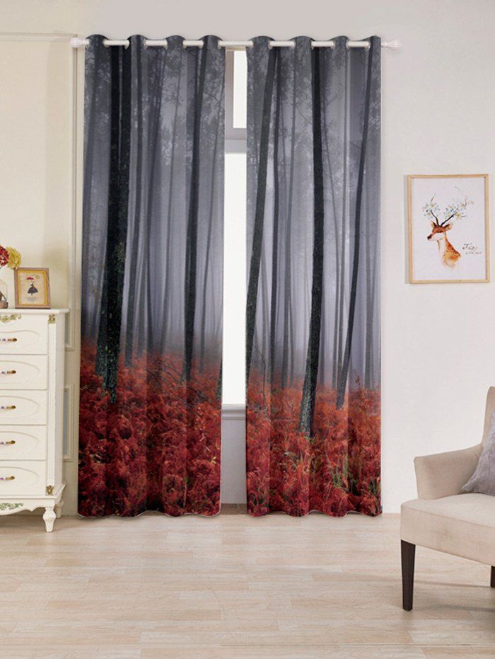 

2 Panels Blackout Forest Maple Leaf Window Curtains, Red