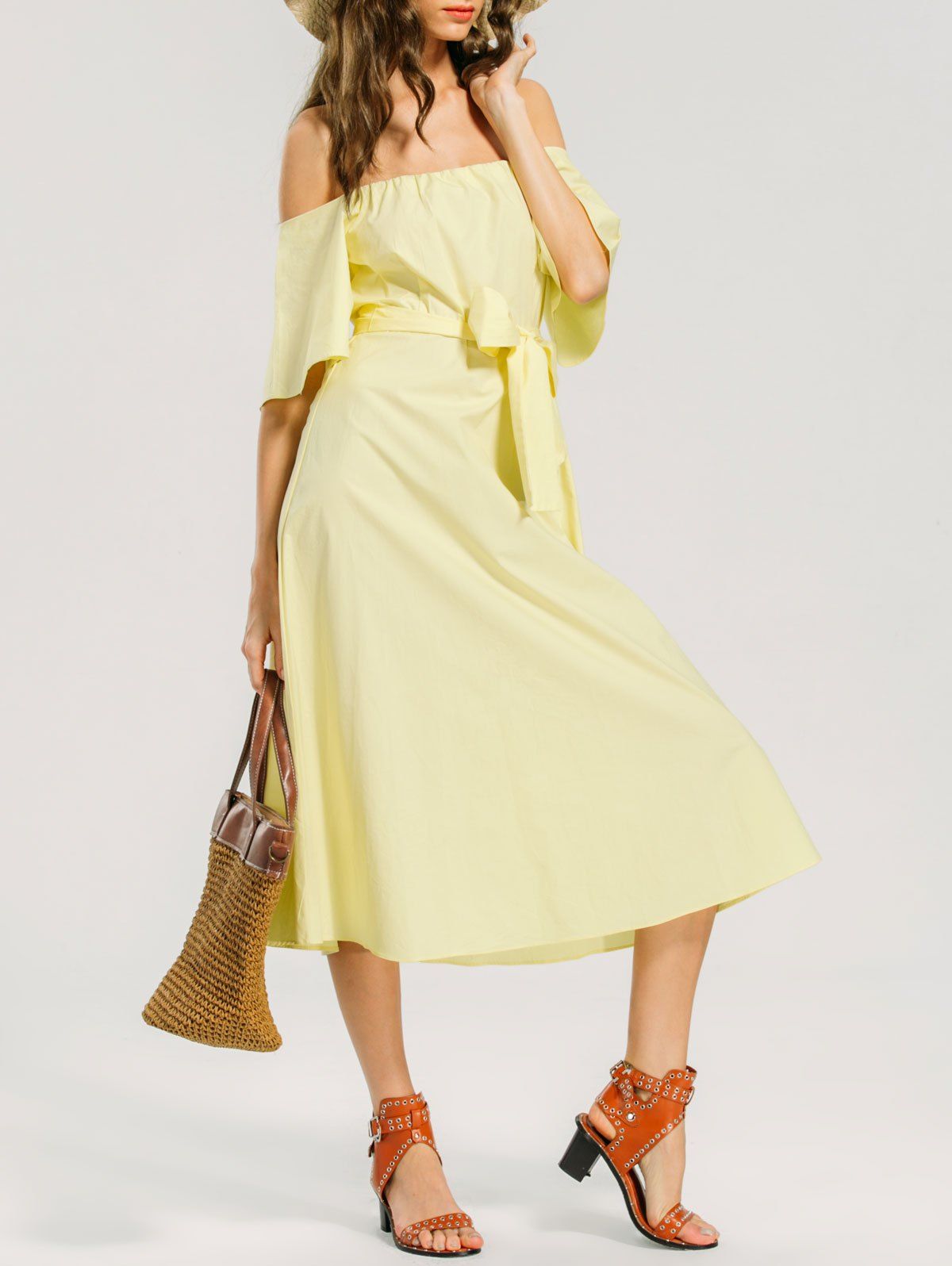 

Off Shoulder Belted Casual Dress, Light yellow