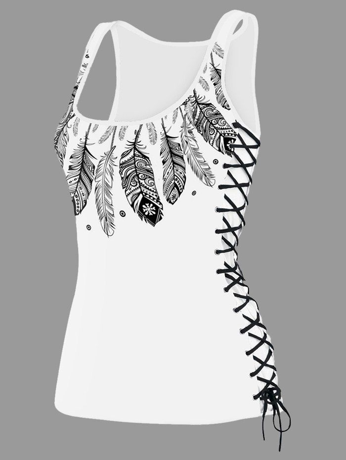 

U Neck Feather Print Lace Up Tank Top, White
