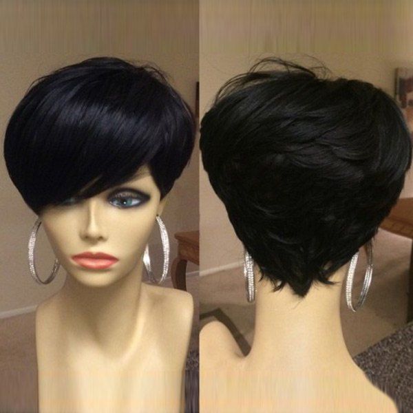 

Short Oblique Bang Shaggy Layered Straight Synthetic Wig, Black