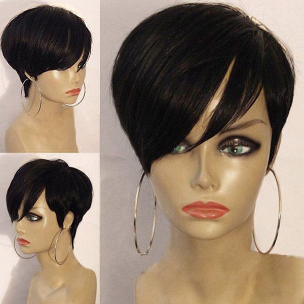 

Short Inclined Bang Layered Straight Synthetic Wig, Black