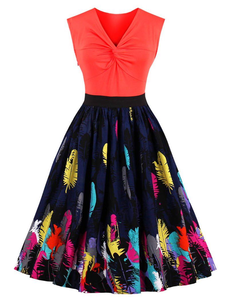 

Feather Print Front Knot Vintage Skater Dress, Orange red