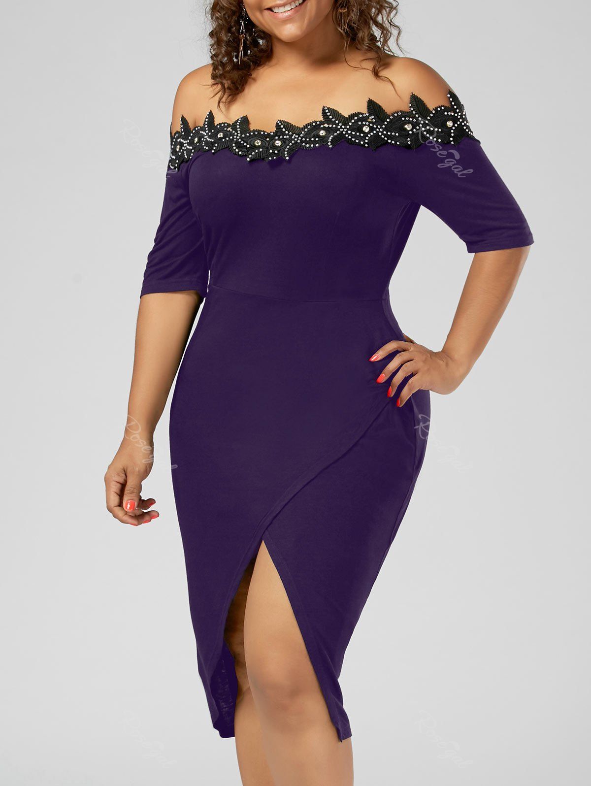 

Plus Size Off the Shoulder Applique Pencil Dress, Purple