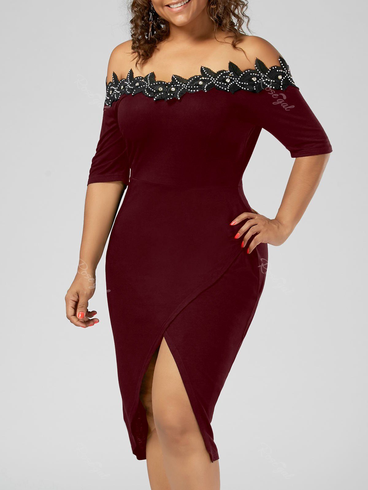 

Plus Size Off the Shoulder Applique Pencil Dress, Wine red