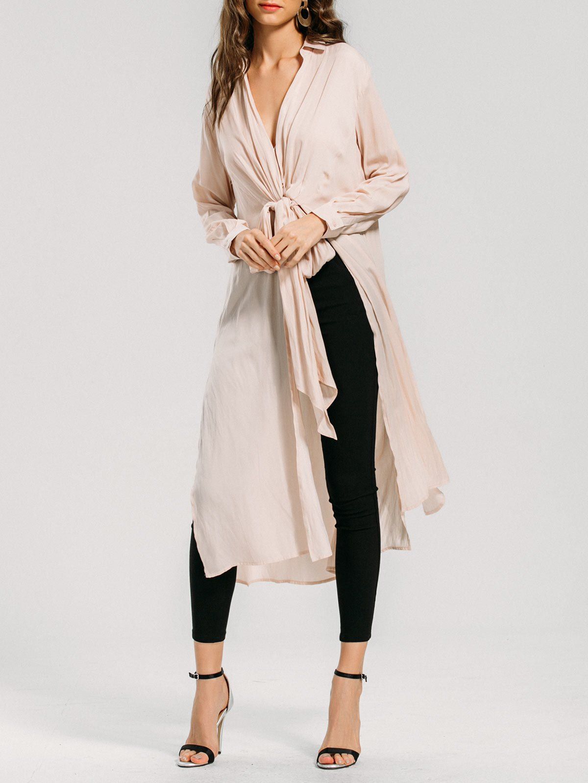 

Bow Tie High Slit Longline Shirt, Pink