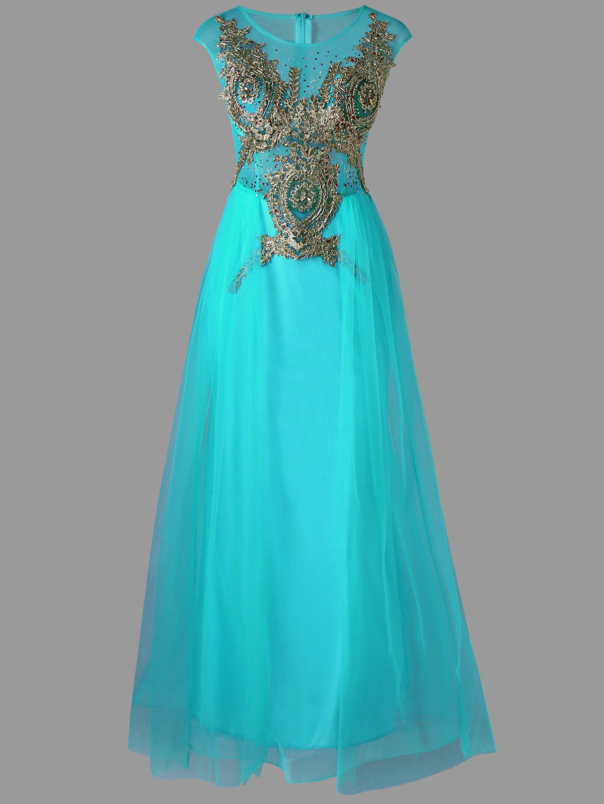 

A Line Sleeveless Maxi Tull Carpet Rhinestone Dress, Cyan