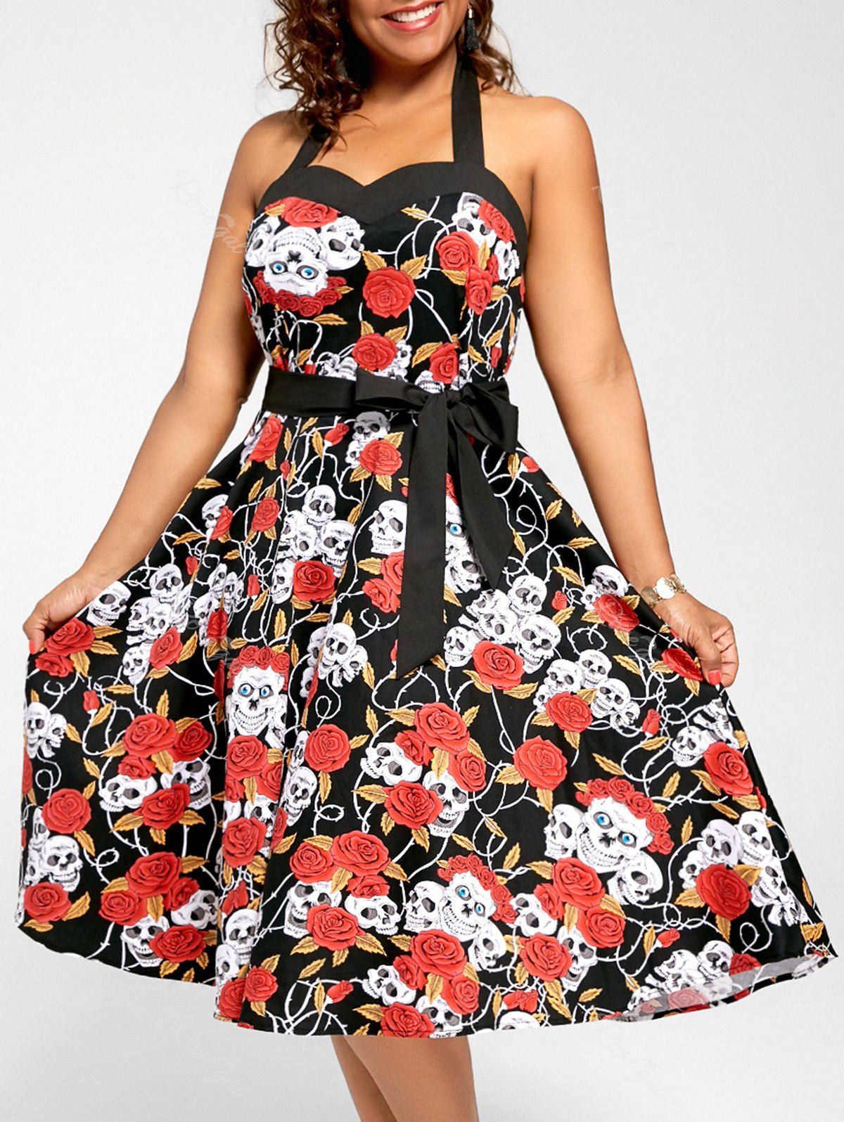 

Halter Floral Skull Print Plus Size Vintage Dress, Black