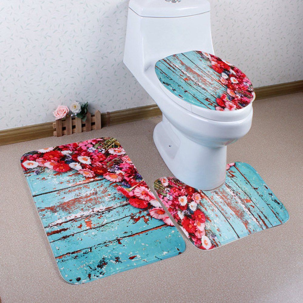 

3Pcs Floral Plank Coral Fleece Bath Mat Set, Colormix