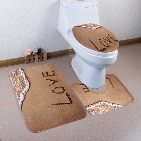 

3Pcs Coral Fleece Beach Love Bathroom Mat Set, Brown