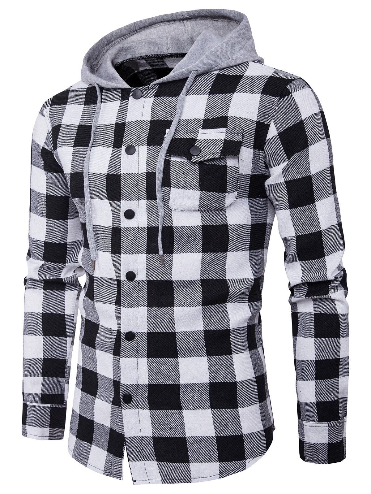 

Hooded Panel Long Sleeve Pocket Tartan Shirt, Black white