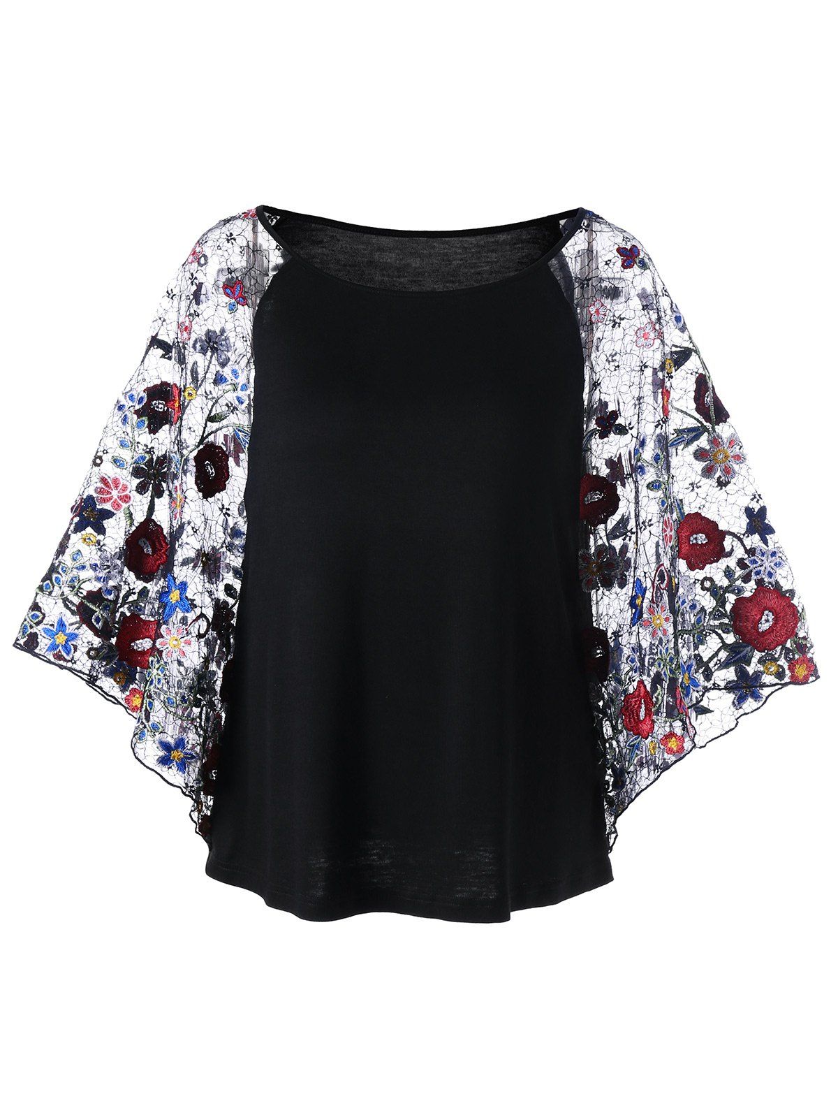 Black 2xl Embroidery Batwing Sleeve Sheer Blouse