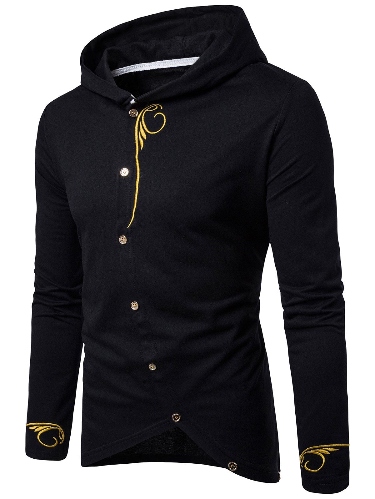 

Long Sleeve Oblique Buttons Design Embroidered T-shirt, Black