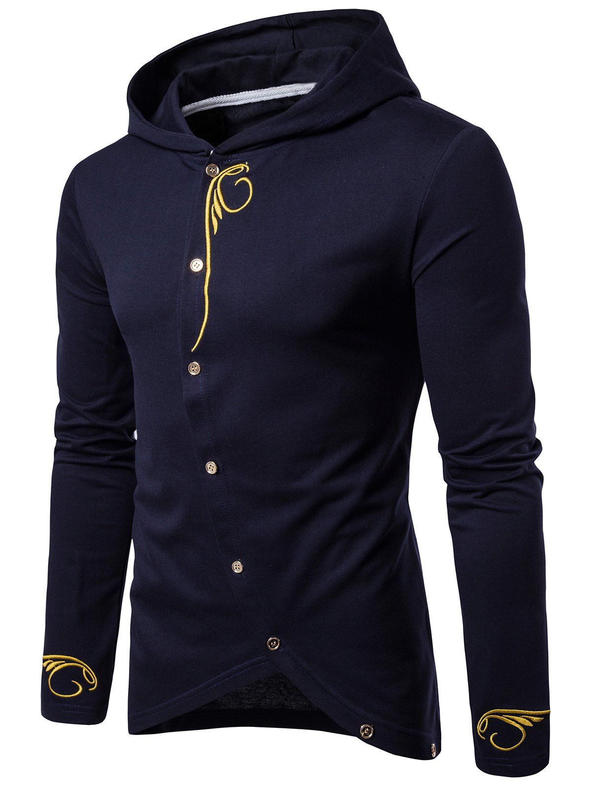 

Long Sleeve Oblique Buttons Design Embroidered T-shirt, Cadetblue