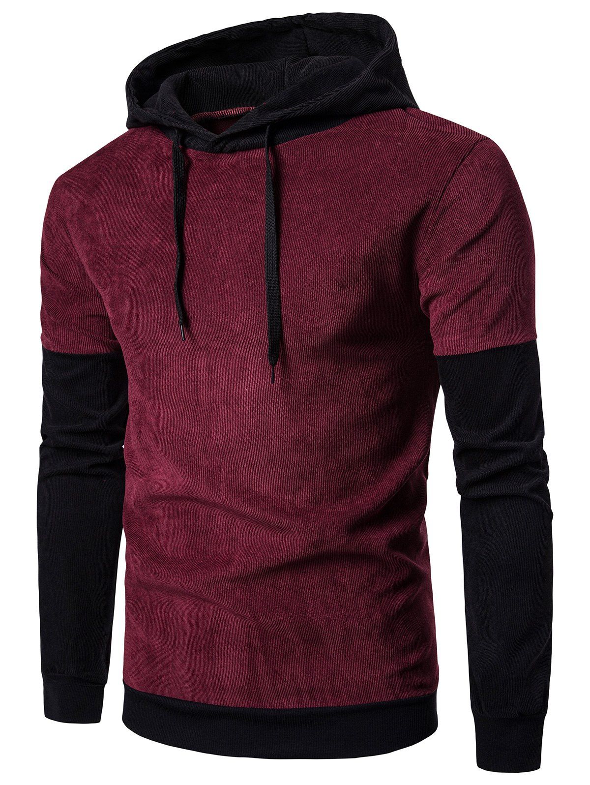 

Long Sleeve Color Block Panel Corduroy Hoodie, Wine red