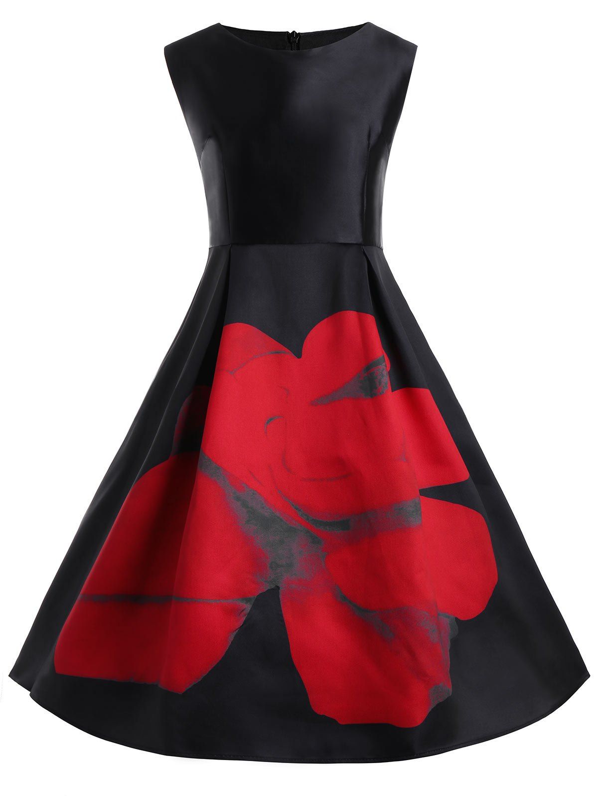 

Floral Plus Size Vintage Flare Dress with Pockets, Black