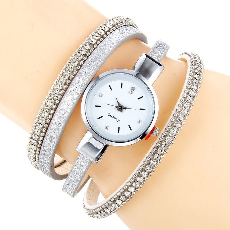 

Faux Leather Strap Rhinestoned Bracelet Watch, White