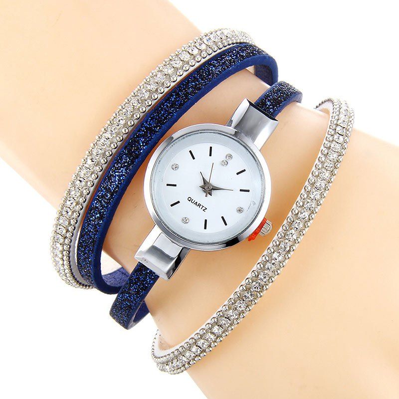 

Faux Leather Strap Rhinestoned Bracelet Watch, Blue