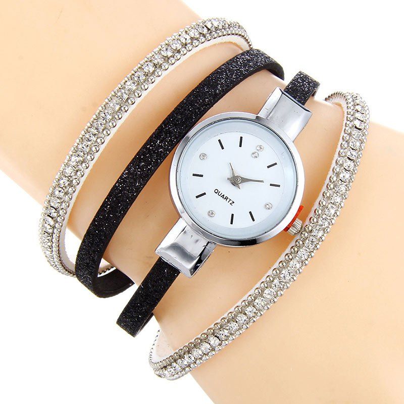 

Faux Leather Strap Rhinestoned Bracelet Watch, Black