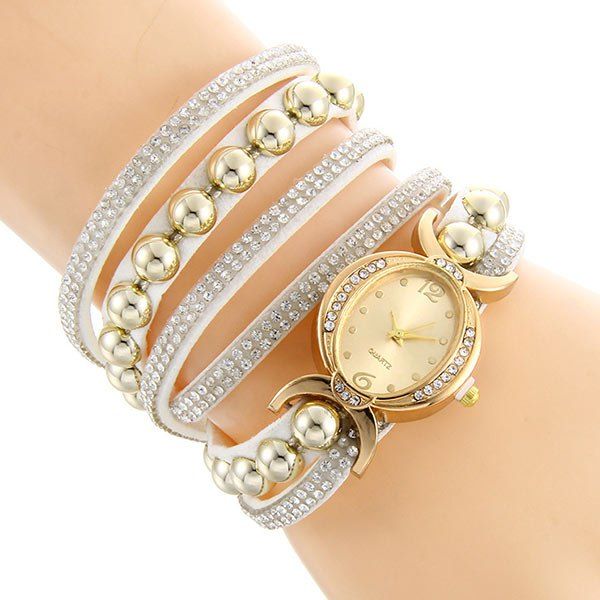 

Faux Leather Rhinestone Bead Bracelet Watch, White