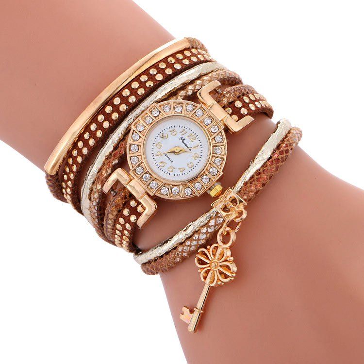 

Studed Key Number Wrap Bracelet Watch, Brown