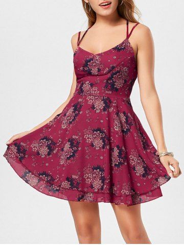 affordable vintage feather print spaghetti strap skater dress