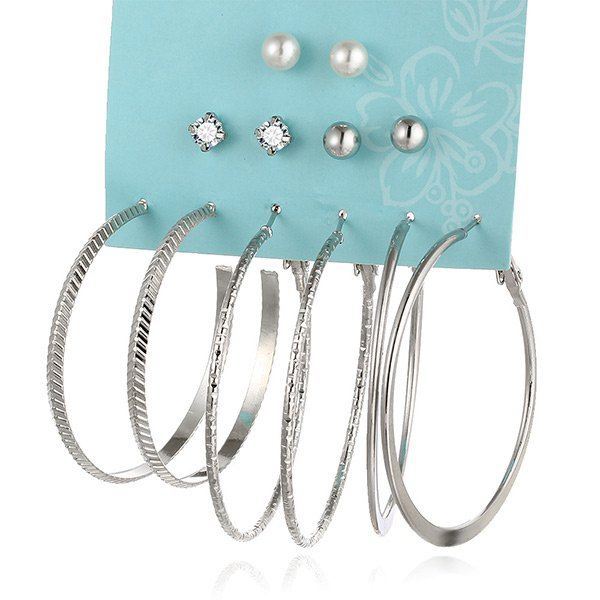 

Faux Pearl Rhinestone Circle Earring Set, Silver