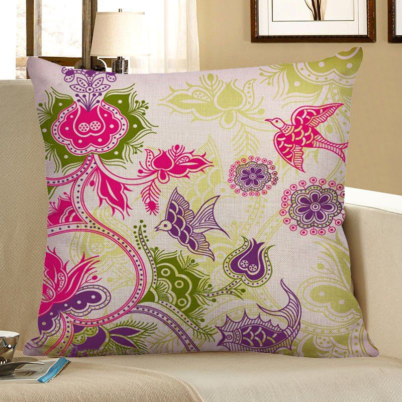 

Floral Bird Print Decorative Linen Pillow Case, Colorful