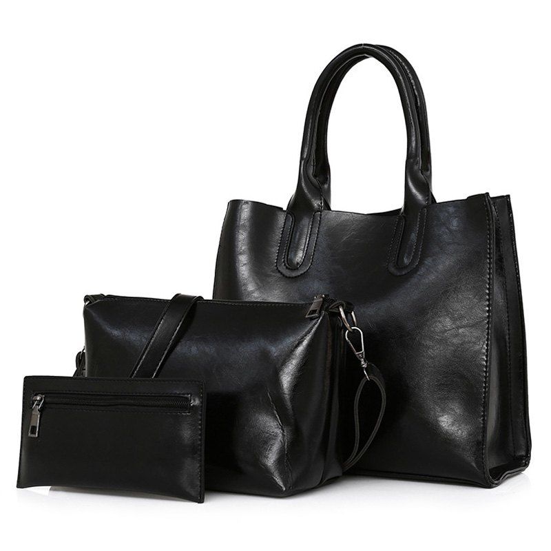 

PU Leather 3 Pieces Tote Bag Set, Black